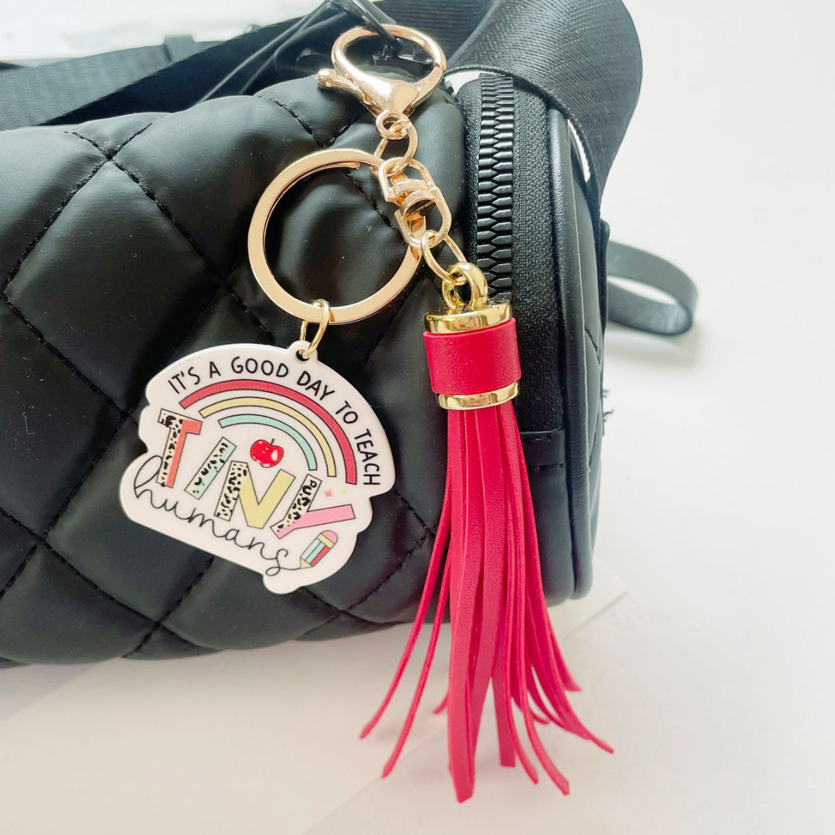 Wholesale Teacher Gifts Acrylic PU Tassel Bag Charm Keychain